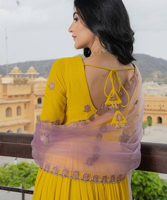 yellow georgette gown with lilac net dupatta & embroidery 3