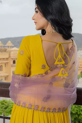 yellow georgette gown with lilac net dupatta & embroidery