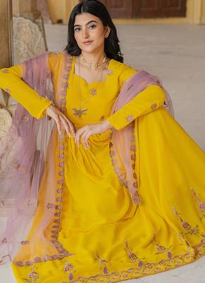 yellow georgette gown with lilac net dupatta & embroidery 4
