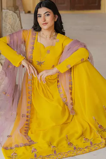 yellow georgette gown with lilac net dupatta & embroidery