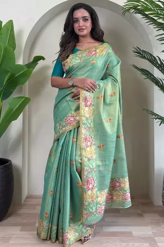 Sea Green Jacquard Zari Weaving Tissue Saree