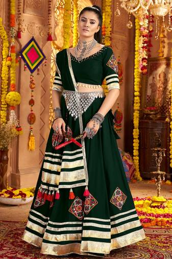 Green Viscose Rayon Navratri Wear Lehenga Choli With Dupatta