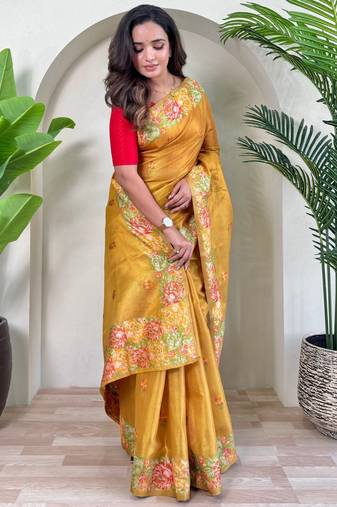 Yellow Jacquard Zari Weaving Tissue Saree