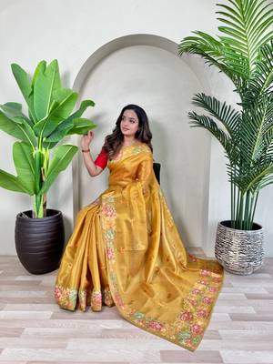 Yellow Jacquard Zari Weaving Tissue Saree 2