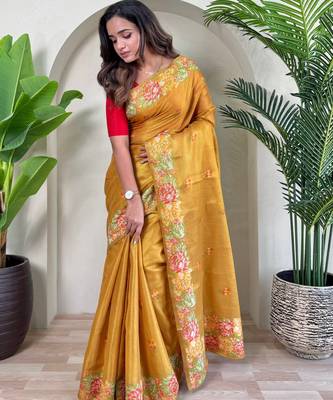 Yellow Jacquard Zari Weaving Tissue Saree 3