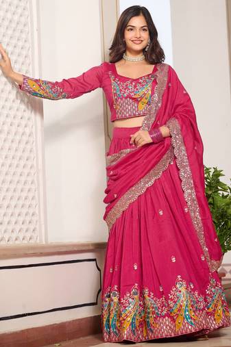 Pink Silk Thread Embroidered Lehenga Choli With Dupatta