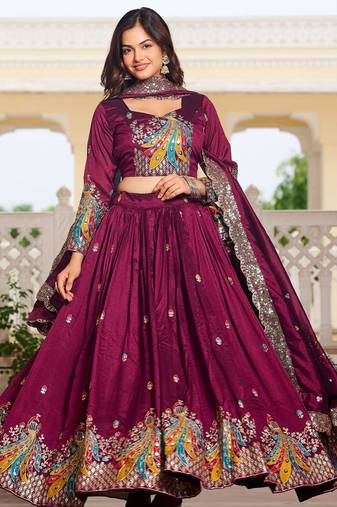 Wine Thread Embroidered Silk Lehenga Choli With Dupatta