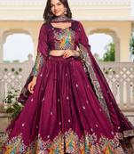 Wine Thread Embroidered Silk Lehenga Choli With Dupatta