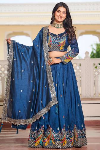 Blue Sequins Embroidered Reception Wear Lehenga Choli