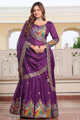 Purple Silk Sequins Lehenga Choli With Dupatta