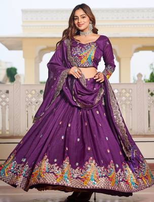 purple silk sequins lehenga set choli with dupatta with dupatta 3