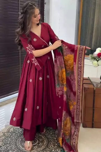 Gorgeous Women's Embroidery Chanderi Fabric Flared Kurta, Palazzo and Dupatta Set