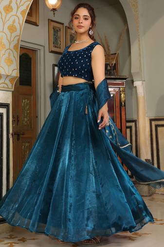 Teal Blue Organza Zari Embroidered Kali Lehenga Choli With Dupatta Set