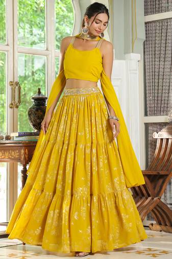 Yellow Georgette Embellished Foil Printed Tiered Lehenga Choli Set
