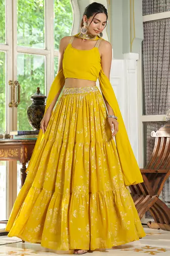 Yellow Georgette Embellished Foil Printed Tiered Lehenga Choli Set