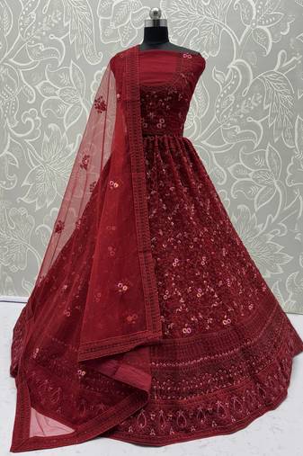 Beautiful Red Net Thread Embroidered Bridal Lehenga Choli With Dupatta