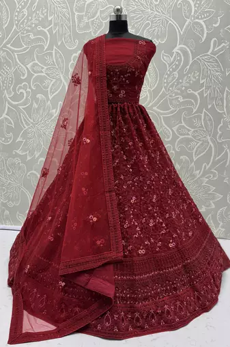 Beautiful Red Net Thread Embroidered Bridal Lehenga Choli With Dupatta
