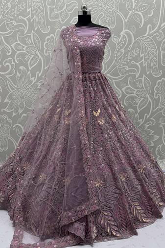 Stunning Lavender Net Zircon Work Bridal Lehenga Choli With Dupatta