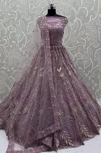 Stunning Lavender Net Zircon Work Bridal Lehenga Choli With Dupatta
