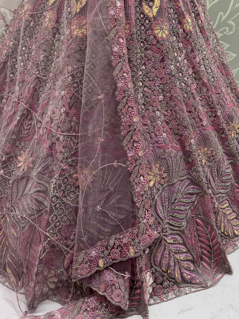 pink dori embroidered net bridal lehenga set choli with dupatta