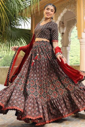 Black & Maroon Pure Cotton Ethnic Motifs Printed Tiered Lehenga Choli With Dupatta Set