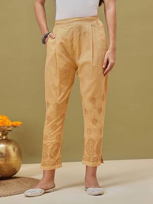 Hand embroidered fawn cotton lucknowi chikankari palazzo 1