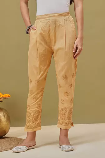 Hand embroidered fawn cotton lucknowi chikankari palazzo