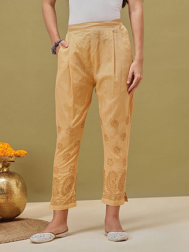 Hand embroidered fawn cotton lucknowi chikankari palazzo