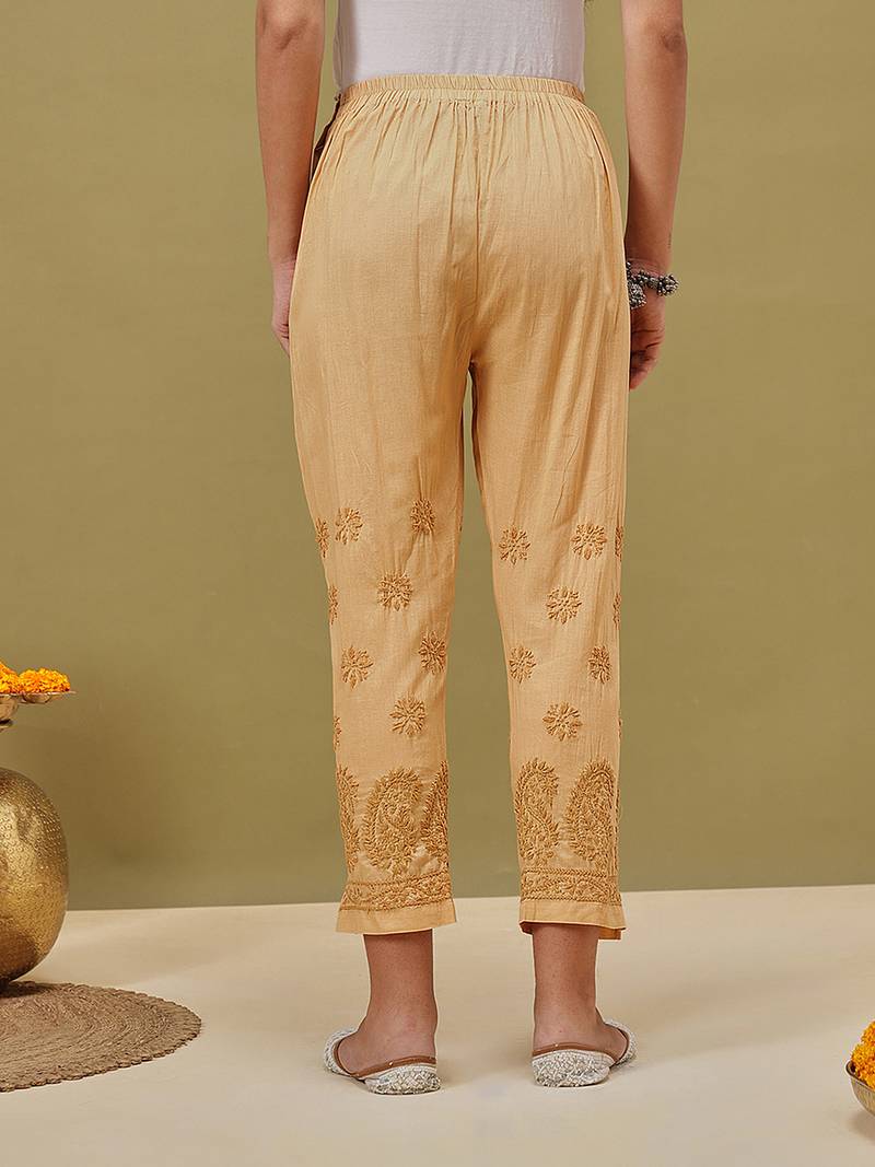 Hand embroidered fawn cotton lucknowi chikankari palazzo