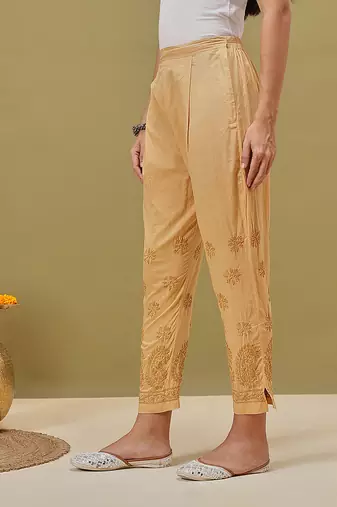 Hand embroidered fawn cotton lucknowi chikankari palazzo