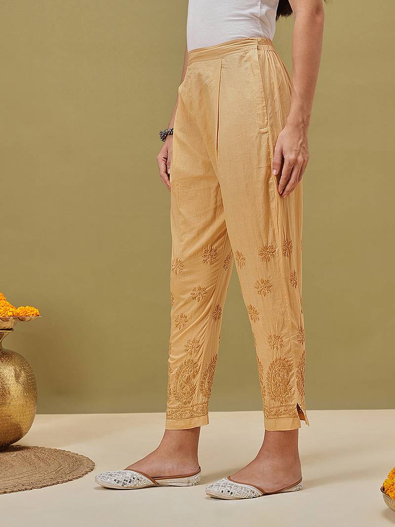 Hand embroidered fawn cotton lucknowi chikankari palazzo