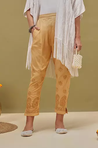 Hand embroidered fawn cotton lucknowi chikankari palazzo