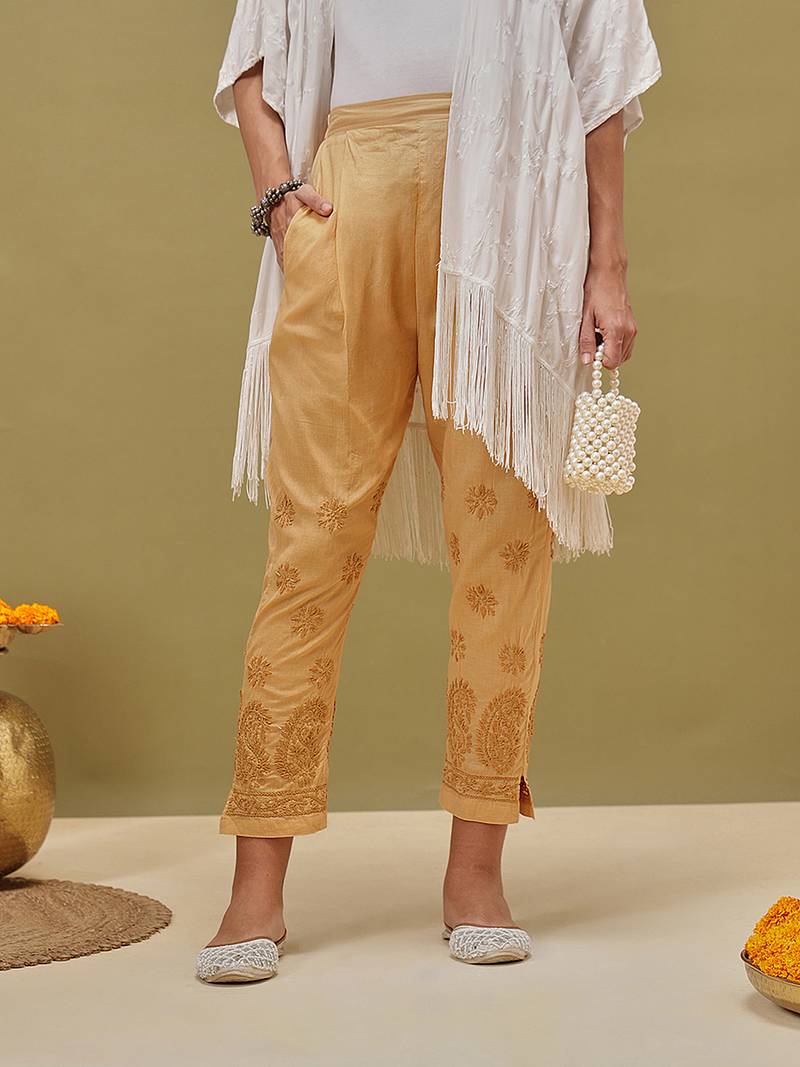 Hand embroidered fawn cotton lucknowi chikankari palazzo