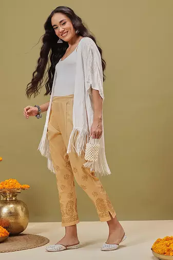 Hand embroidered fawn cotton lucknowi chikankari palazzo