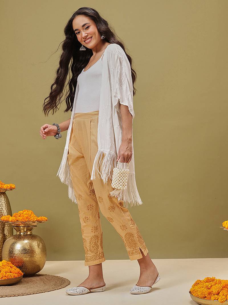 Hand embroidered fawn cotton lucknowi chikankari palazzo