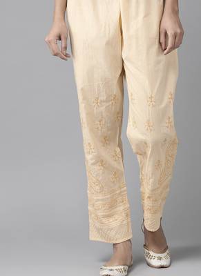 Hand embroidered fawn cotton lucknowi chikankari palazzo 1
