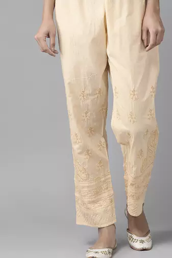 Hand embroidered fawn cotton lucknowi chikankari palazzo