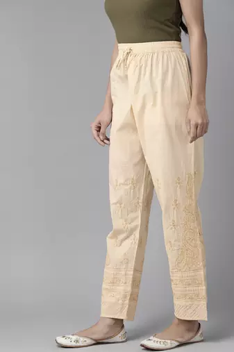 Hand embroidered fawn cotton lucknowi chikankari palazzo