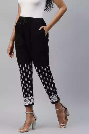 Hand embroidered black cotton lucknowi chikankari palazzo