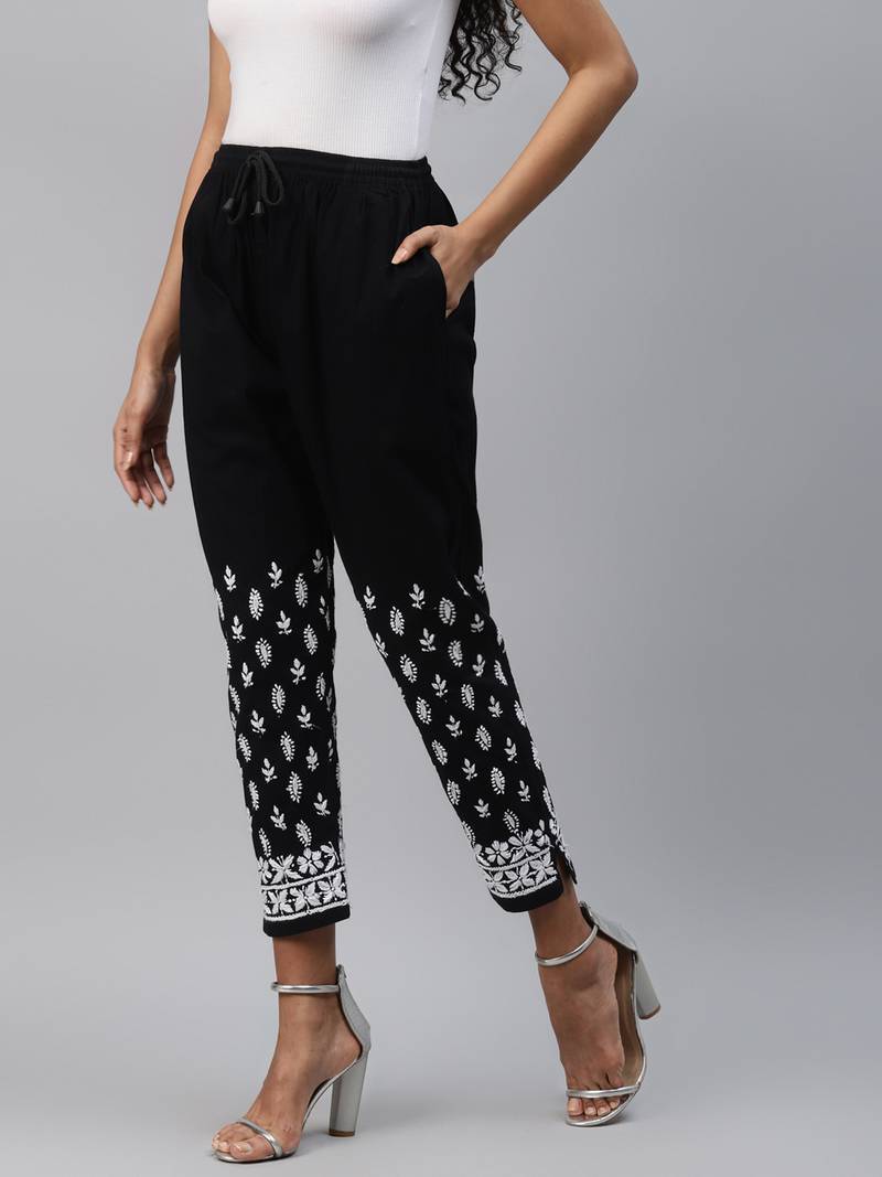 Hand embroidered black cotton lucknowi chikankari palazzo