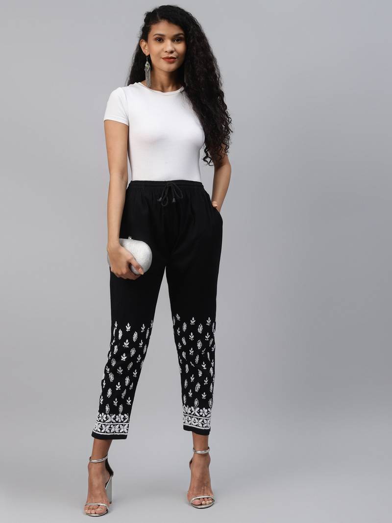 Hand embroidered black cotton lucknowi chikankari palazzo