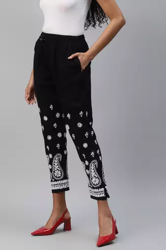 Hand embroidered black cotton lucknowi chikankari palazzo