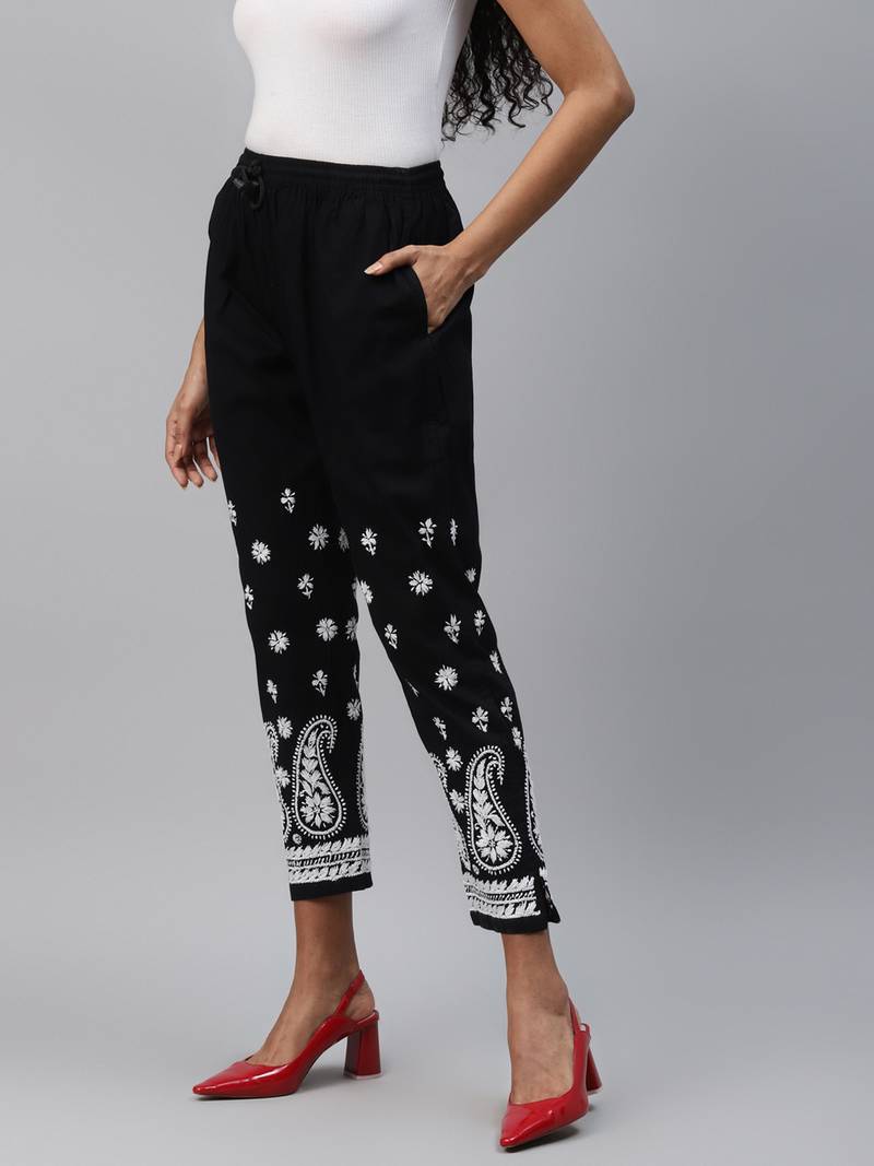 Hand embroidered black cotton lucknowi chikankari palazzo
