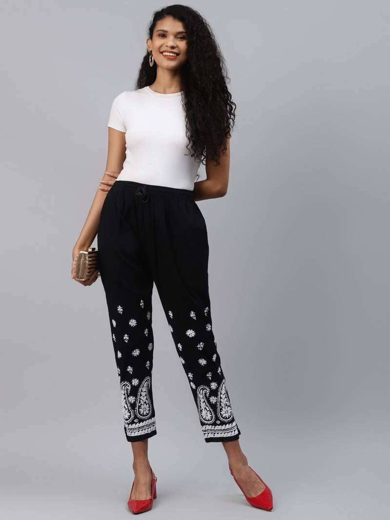 Hand embroidered black cotton lucknowi chikankari palazzo