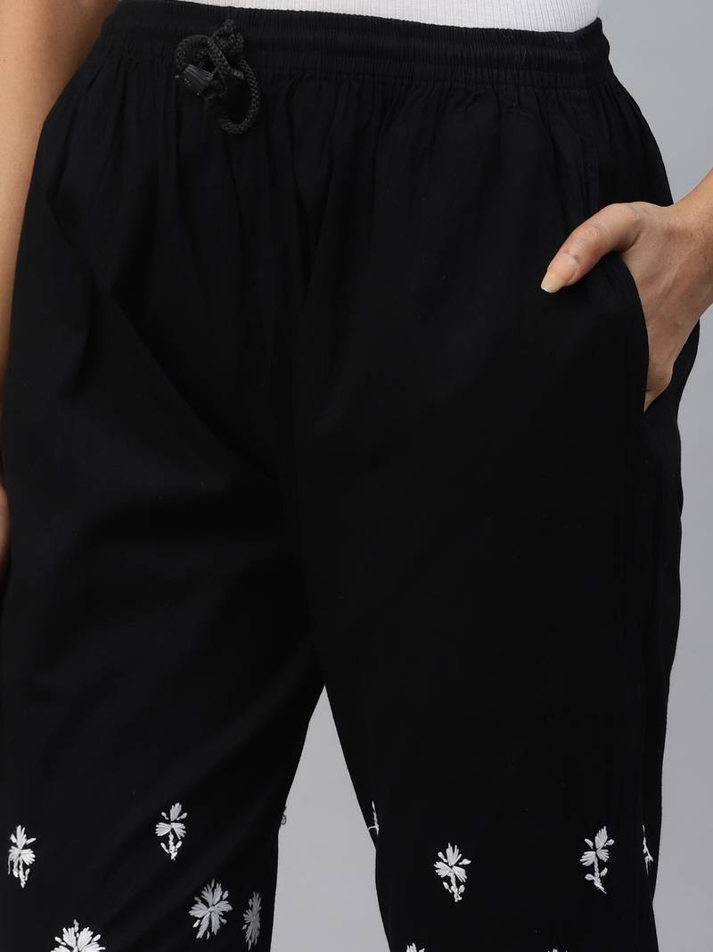 Hand embroidered black cotton lucknowi chikankari palazzo