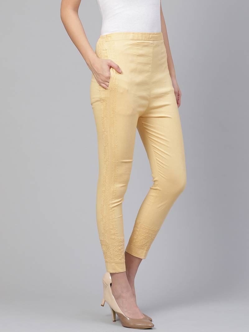 Hand embroidered fawn cotton lucknowi chikankari trouser
