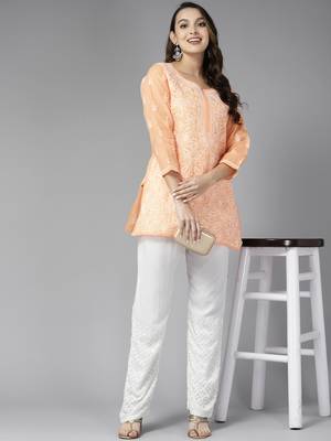 Hand embroidered white georgette lucknowi chikankari palazzo 4