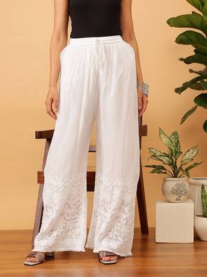 Hand embroidered white viscose georgette lucknowi chikankari palazzo 1