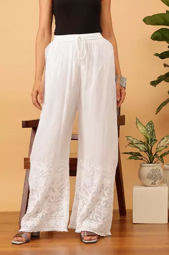 Hand embroidered white viscose georgette lucknowi chikankari palazzo