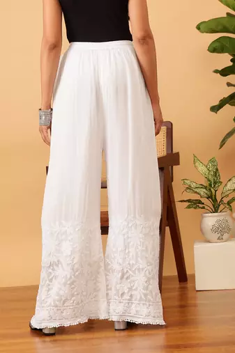 Hand embroidered white viscose georgette lucknowi chikankari palazzo
